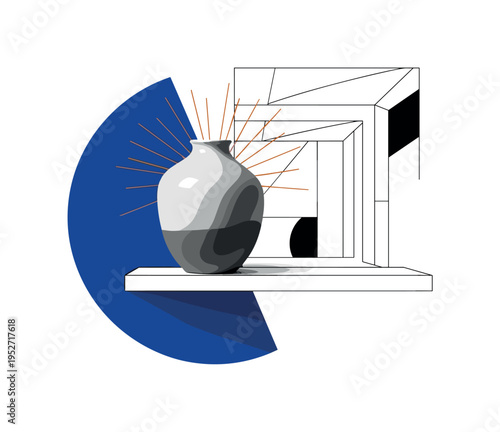 Black and white image of handcrafted ceramic vase placed on minimal shelf, oversized blue semicircle grounding composition like creative spotlight, thin orange