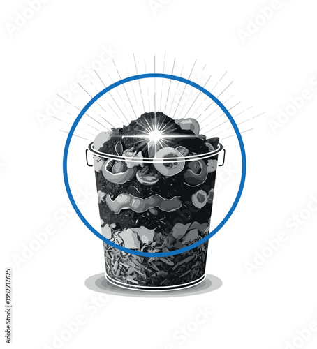 Monochrome compost bin with organic scraps visible inside, layered with blue circular frame and fine diagonal lines suggesting nutrient cycles, radiant flash