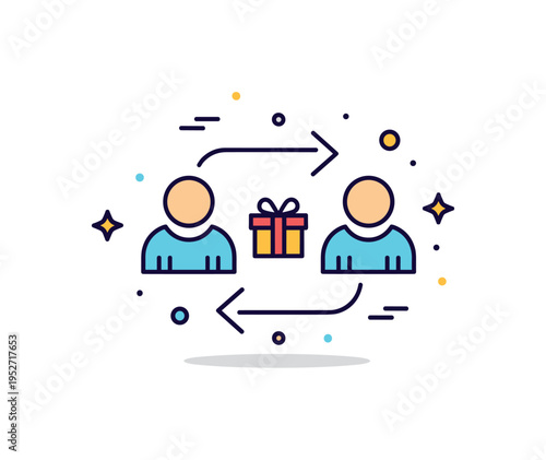 Referral rewards concept centered on two connected user icons with a small gift symbol between them, representing shared benefits and word of mouth promotion.