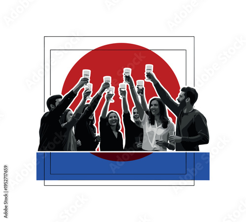 Black and white group of friends holding skis upright in celebration, oversized cobalt blue circular backdrop unifying the group, bright red rectangular