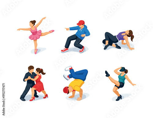 Dance styles. Isometric flat vector icons set of dance styles: ballet dancer pose, hip hop dancer stance, contemporary floor move, latin dance couple step,