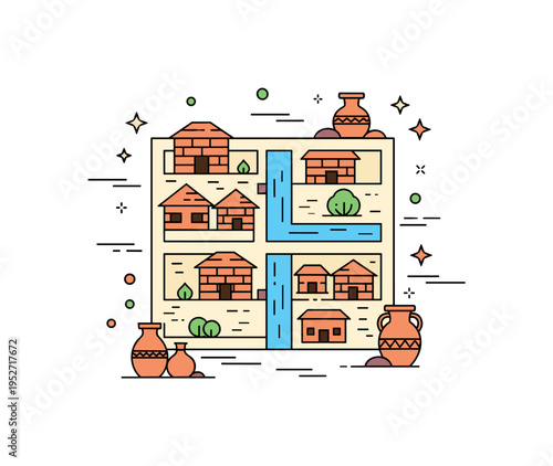 Indus Valley civilization urban planning concept shown as a simplified grid city layout with brick house icons and a small water channel, symbolizing organized