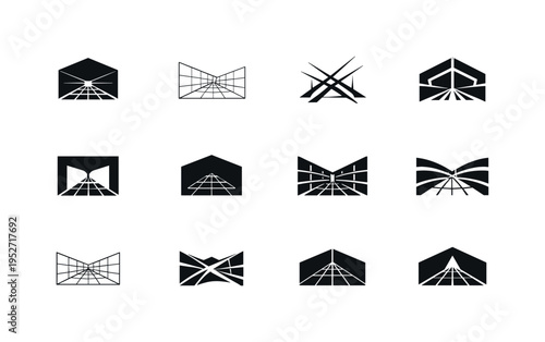 architectural lines. Icon set. Set Logo of architectural lines: perspective grid lines. harmonious logo variations of the same emblematic concept, each with