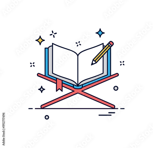 Scripture study moment centered on an open book resting on a small stand with subtle sparkle accents and a tiny pencil icon, symbolizing learning and