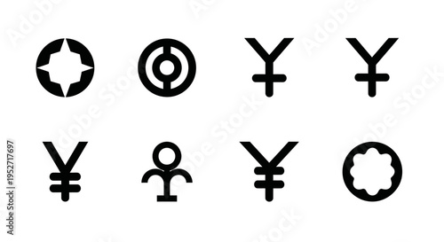 minimalist black and white icons yen and yuan currency symbols abstract shapes and graphic design elements for universal concepts.