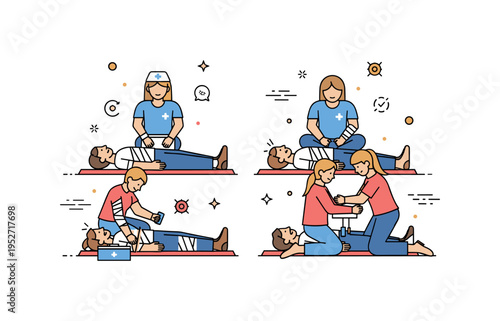 Wounded individuals in a first aid class demonstration, lying on mats while volunteers provide treatment, illustrating preparedness and community support.
