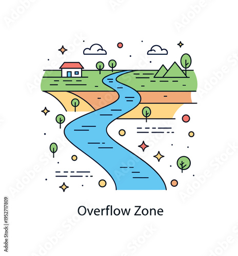Flooded valley river overflow concept illustrated by a winding river expanding beyond its banks into nearby fields, symbolizing natural forces exceeding