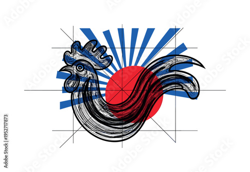 Black and white top-view abstract interpretation of rooster comb shape as organic wave, oversized crimson circle anchoring composition, cobalt blue geometric