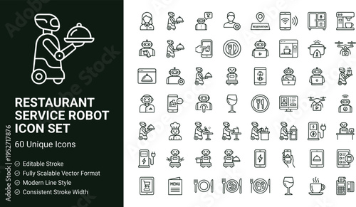 Restaurant service robot line icon set with robotic waiters food delivery automation and smart dining technology symbols