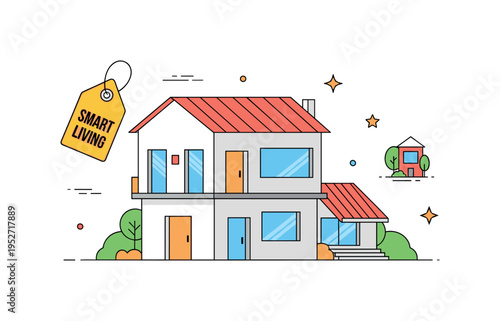 Affordable prefab homes simplified house module with a small price tag icon reading Smart Living, expressing cost-effective and accessible housing solutions. A