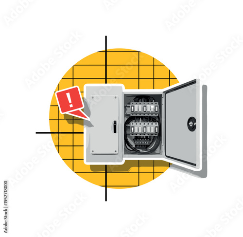 Black and white fuse box with open panel and visible switches, bold yellow circular backdrop intersected by black grid lines, small red exclamation mark icon