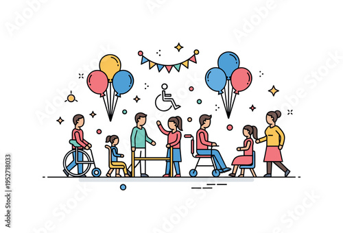 Inclusive celebration theme shown as balloons and decorative elements arranged around diverse figures including mobility aids, symbolizing joyful participation