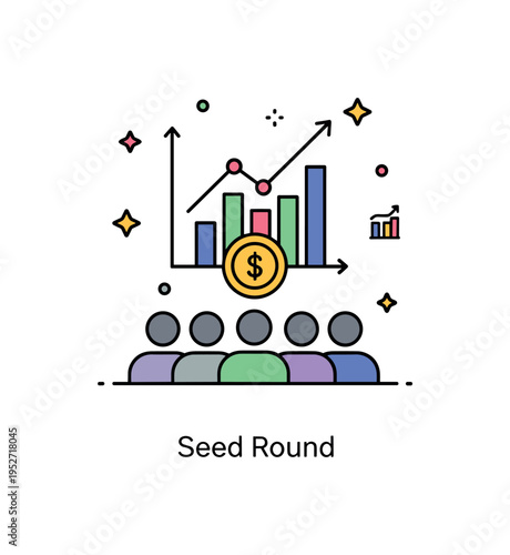 Startup pitch presentations venture capital funding theme showing a simple graph rising above a small coin icon and group silhouettes, representing growth and