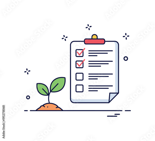 Personal growth tracking theme shown as a tiny plant sprouting beside a marked checklist, expressing development through consistent habits. The compact icon