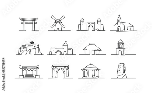 Traditional Cultural Sites Set. Minimalistic set one-line drawing ancient shrine gate, heritage windmill, desert caravanserai, old stone chapel, cliffside