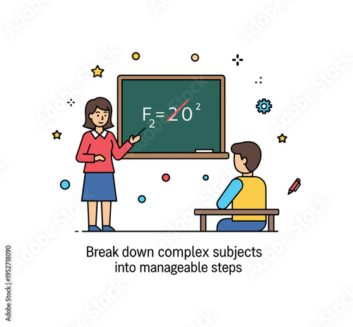 Teacher explaining difficult concept educator standing near a simple chalkboard with a highlighted formula while student listens attentively at a desk. A clear