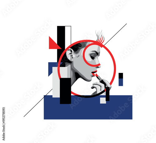 Black and white female profile silhouette applying lipstick, vivid red circular frame intersecting the face, deep blue rectangular block anchoring lower half,