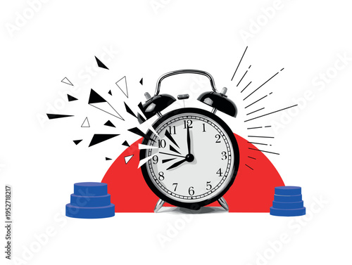 Black and white alarm clock ringing with small abstract geometric shards around it, intense red semicircle rising behind symbolizing sunrise, cobalt blue