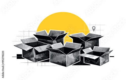 A surreal composition of open cardboard boxes in black and white with visible packing paper textures, white contour emphasizing cut-out effect, a large
