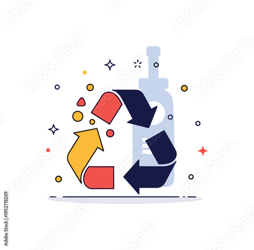 Recycled material innovation concept featuring a product silhouette formed from abstract recycled fragments merging into a unified shape, symbolizing