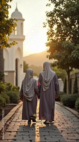 Two Muslim women in traditional attire walk hand-in-hand towards a mosque at sunset