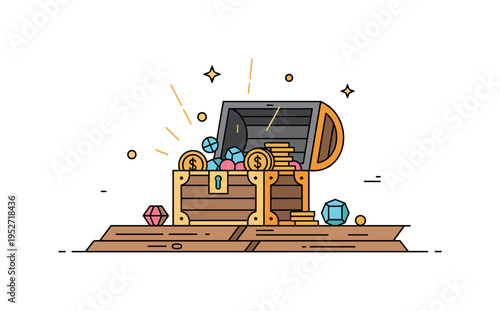 Opened treasure chest with gold coins and precious stones glowing under sunlight, resting on a wooden plank floor, symbolizing discovery and reward. Minimalist