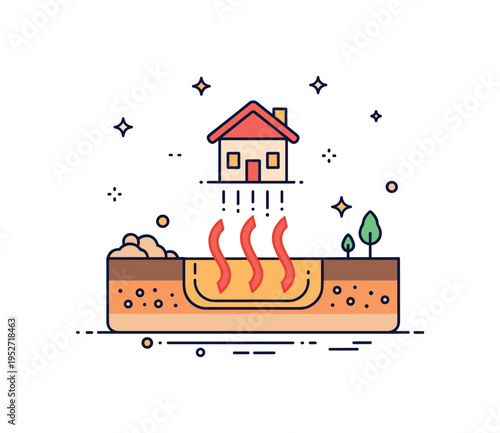 Geothermal energy education visualized as a cross section of earth with heat waves rising toward a small house above, symbolizing underground thermal power and