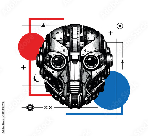 symmetrical robot mask made from mechanical textures and vintage metal plates, black and white cut-out composition, abstract geometric circles and rectangular