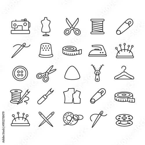 Sewing tools and accessories icons set featuring machine, pins, scissors, and threads.
