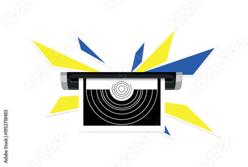 Black and white sheet of paper halfway inside a feeder scanner, concentric circles radiating from the scan line like digital capture waves, bright yellow and