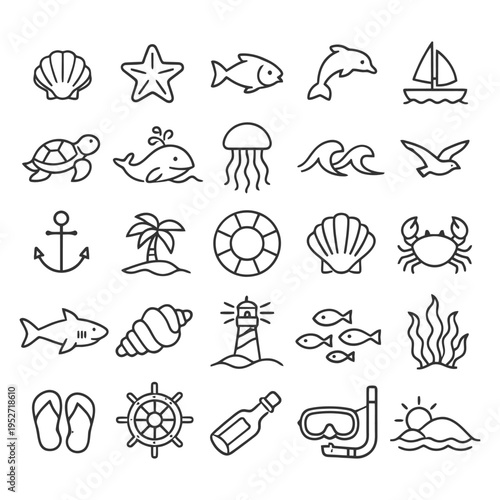 Nautical outline icons featuring sea creatures and beach elements.
