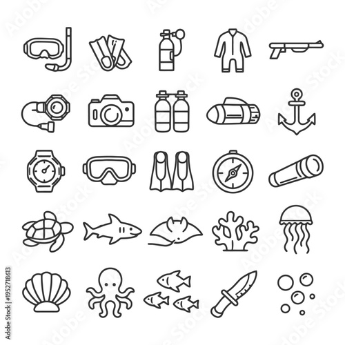 Diving equipment and marine life icons collection.