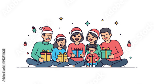 Family laughter on Christmas morning group sitting together holding newly opened gifts, subtle sparkle elements emphasizing happiness and bonding. A heartfelt