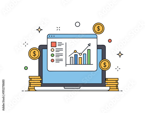 Financial management focus featuring a laptop with a simple dashboard graph and small coin icons, representing budgeting and revenue tracking. The visual