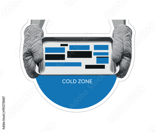 A monochrome metal baking tray held by realistic hands wearing oven mitts, intersected by a large blue semicircle and abstract rectangular blocks suggesting