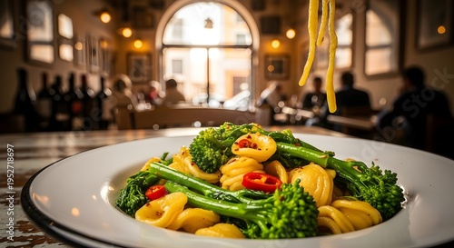 Fresh Orecchiette Pasta With Broccoli Rabe And Red Chili Pepper In An Authentic Italian Restaurant Setting