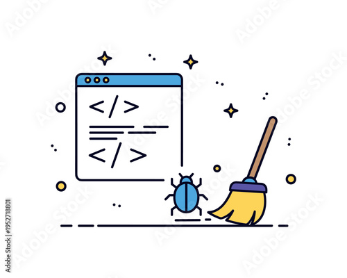 Clean code improvement idea featuring simplified code lines with a small broom icon sweeping away a bug symbol, expressing refactoring and optimization. The