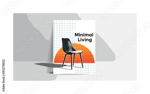 Black and white chair placed against plain white wall casting elongated shadow, bold orange semicircle behind chair symbolizing warmth in minimal space, thin