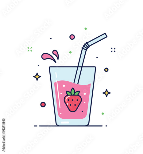 Strawberry smoothie refreshment shown as a minimal glass with a straw and a bright berry icon on the cup, conveying healthy energy and summer vibes. Small