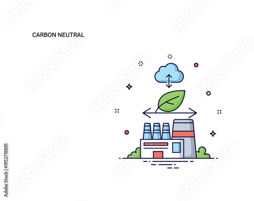 Carbon neutral industry idea centered on a simple industrial building balanced with a leaf and a small cloud icon above, representing reduced emissions and