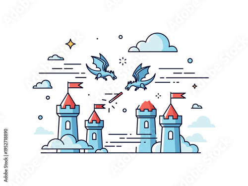 Sky battle with dragons over castle towers featuring simple turret shapes and curved motion lines, conveying epic scale within a compact editorial format. The