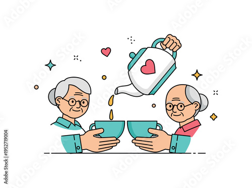 Shared tea ritual symbolizing trust and harmony shown through a single teapot pouring equally into two identical cups held by an elderly couple, reflecting
