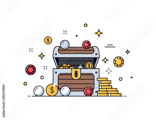 Treasure chest surrounded by scattered pearls, rubies, and golden coins, with faint sparkles indicating value and allure, emphasizing wealth and fantasy.