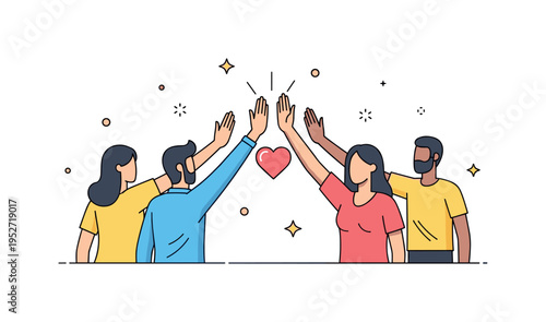 Community group celebration diverse figures exchanging high fives around a central heart icon, expressing gratitude and unity. A warm editorial illustration