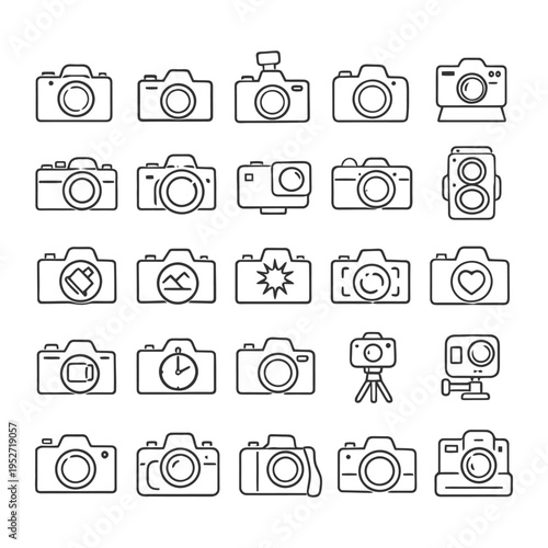 Outline icons of various camera types and photography equipment.