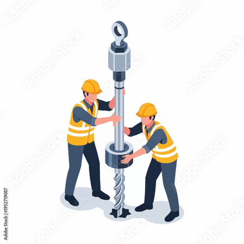 Construction workers installing a large drilling rig for ground exploration.