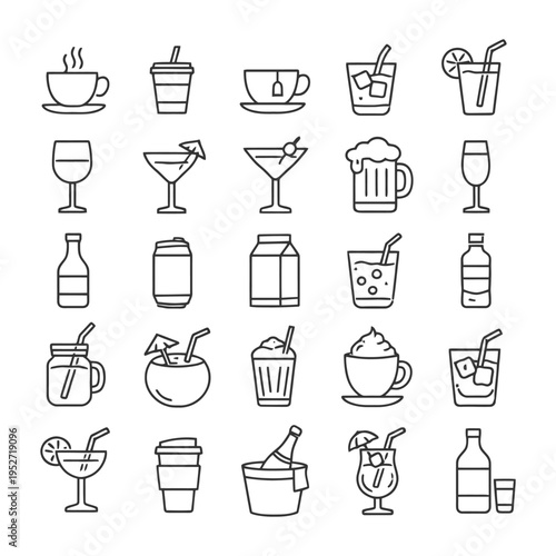 Assorted beverage icons: coffee, cocktails, juice, soda, wine, beer line art collection.