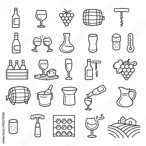 Winemaking icons: glasses, bottles, grapes, barrels, corkscrews, vineyard.
