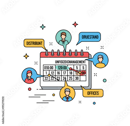 Distributed project management centered on a unified calendar marked with different time indicators and small avatar silhouettes, expressing organized planning