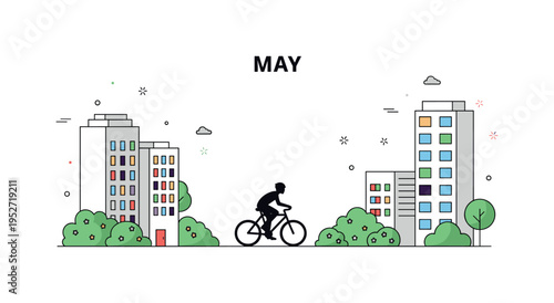 Cycling through spring city scenery depicted by a small cyclist silhouette riding past blooming shrubs and clean geometric buildings, expressing active urban